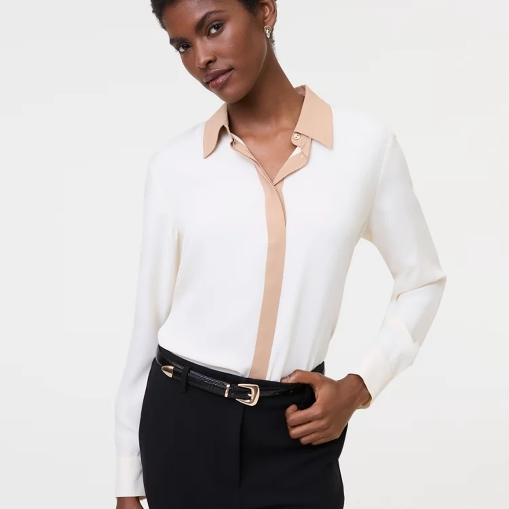 Ann Taylor Cream Button-Down Blouse with Tan Trim